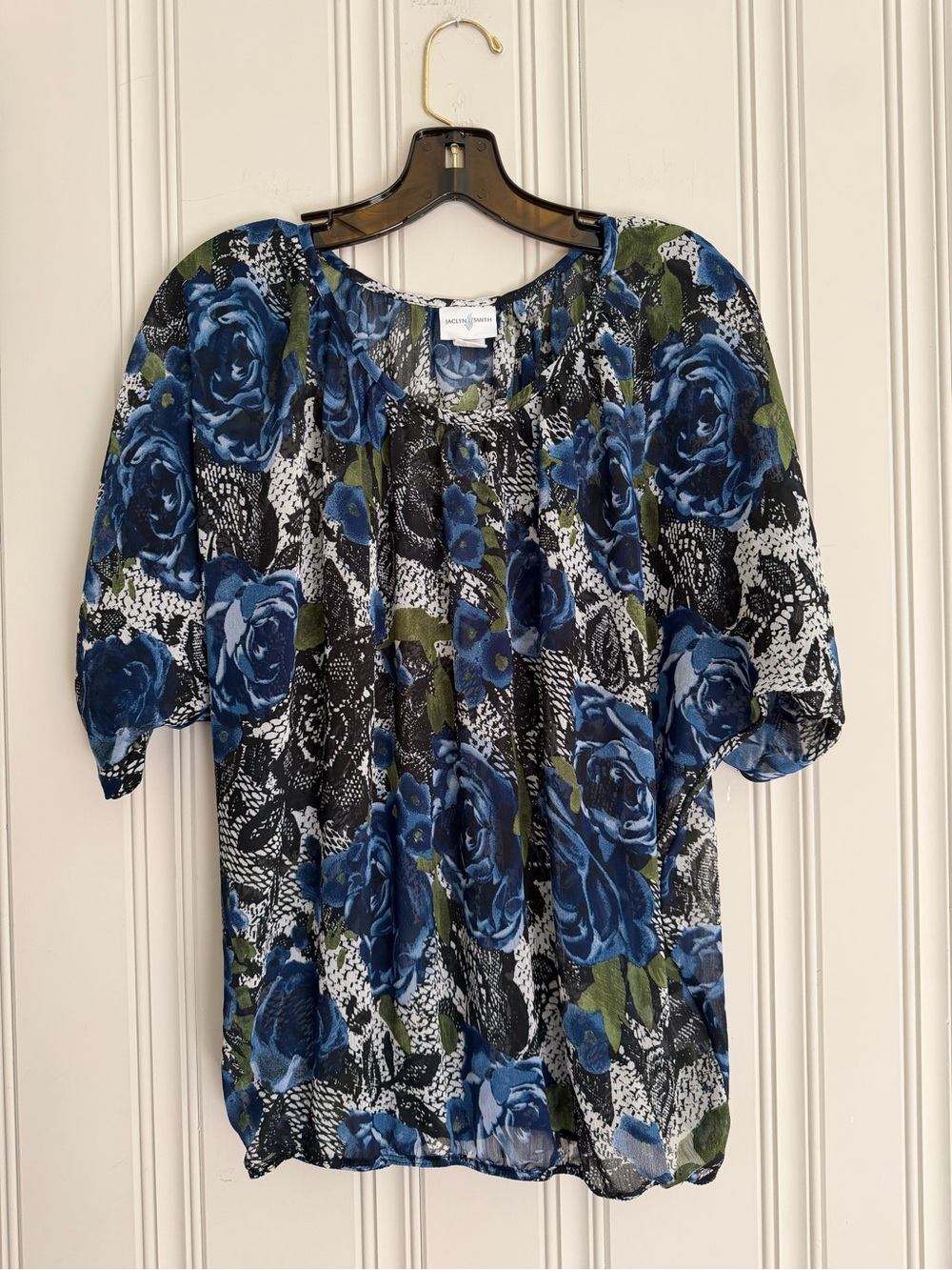 Sheer Jaclyn Smith Blue Floral Peasant Blouse with Green Accents